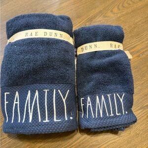 Rae Dunn Navy Blue "FAMILY”//“BLESSED” Bath Hand Towel Set. Double Sided. NWT